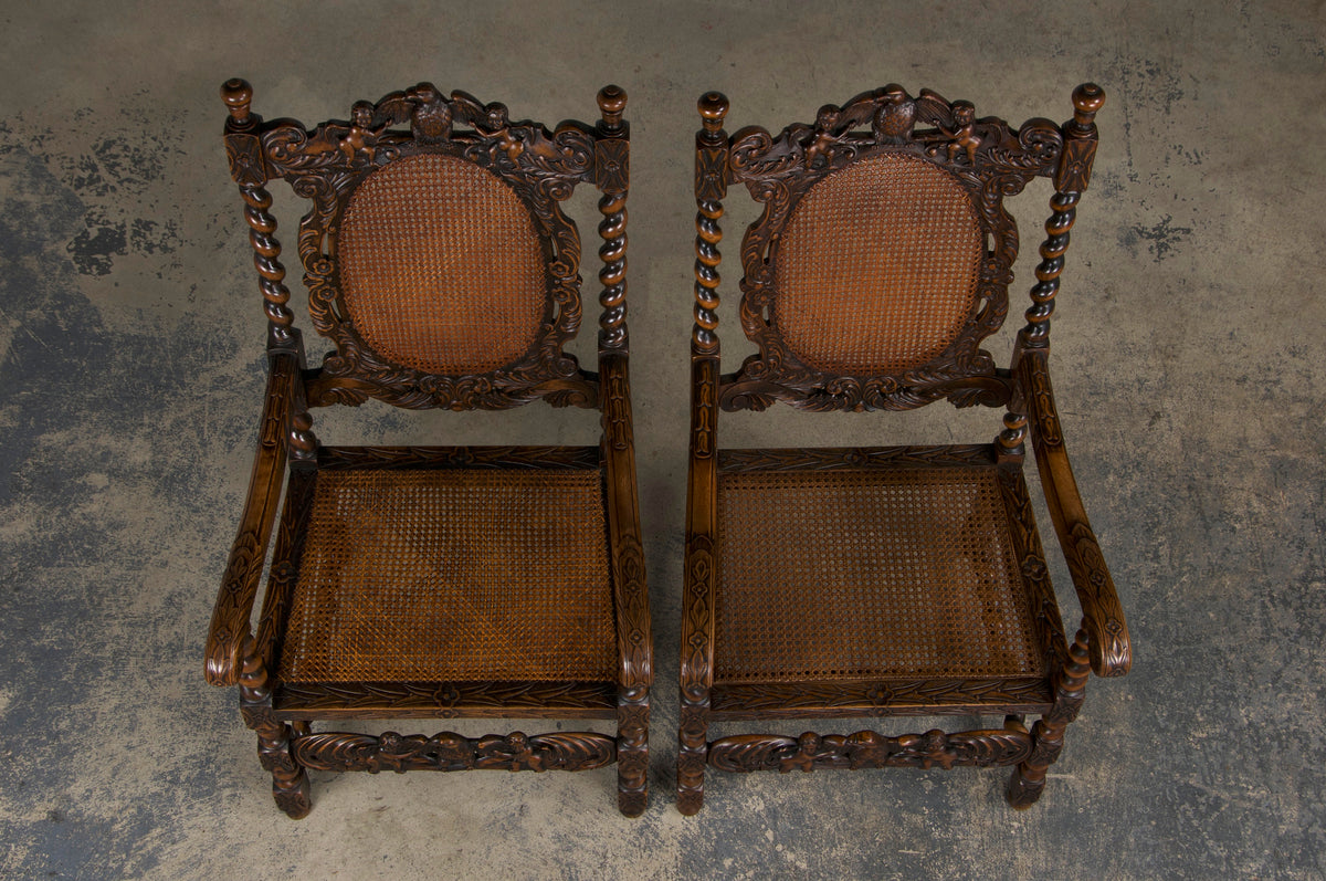 19th Century Jacobean Renaissance Style Walnut and Cane Carved Dining Chairs - Set of 8