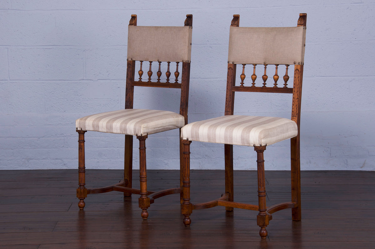 Antique French Renaissance Henry II Style Walnut Dining Chairs W/ Linen Fabric - Set of 6