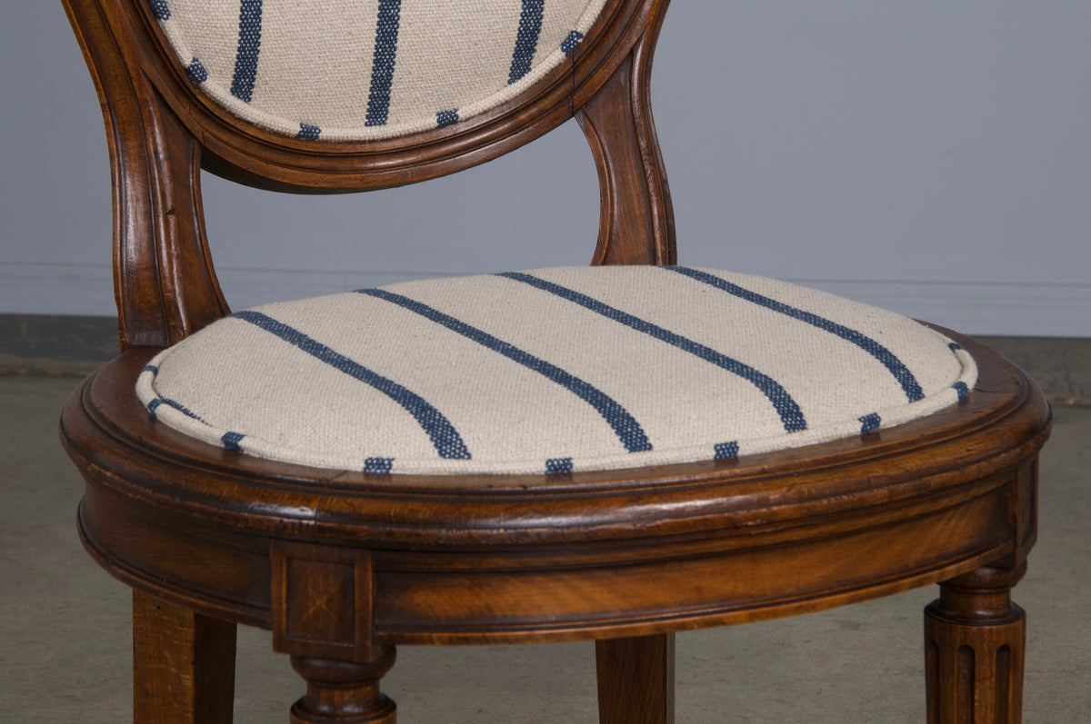 French Louis XVI Style Maple Dining Chairs W/ Striped Fabric - Set of 12