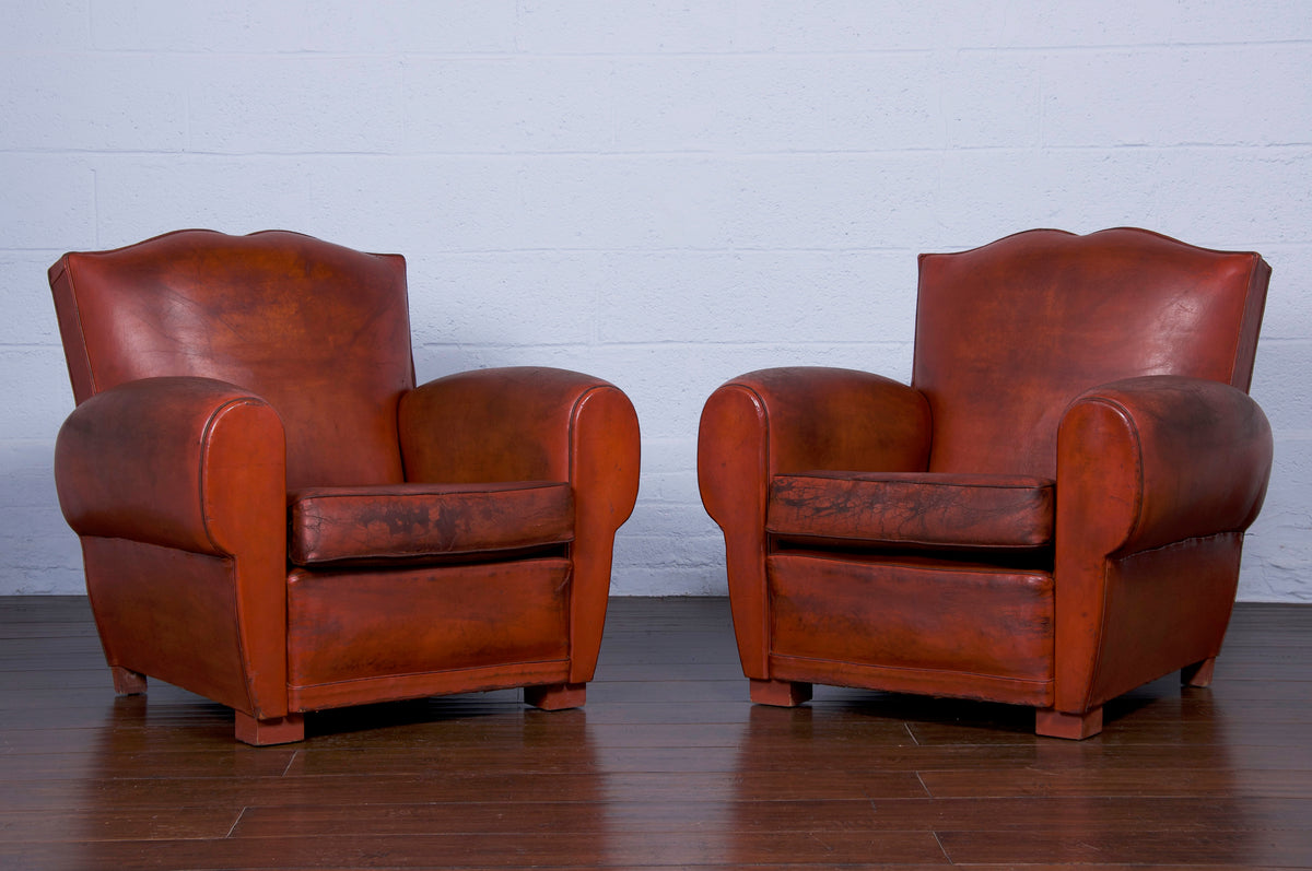 1950s French Art Deco Traditional Mustache Back Leather Club Chairs - a Pair