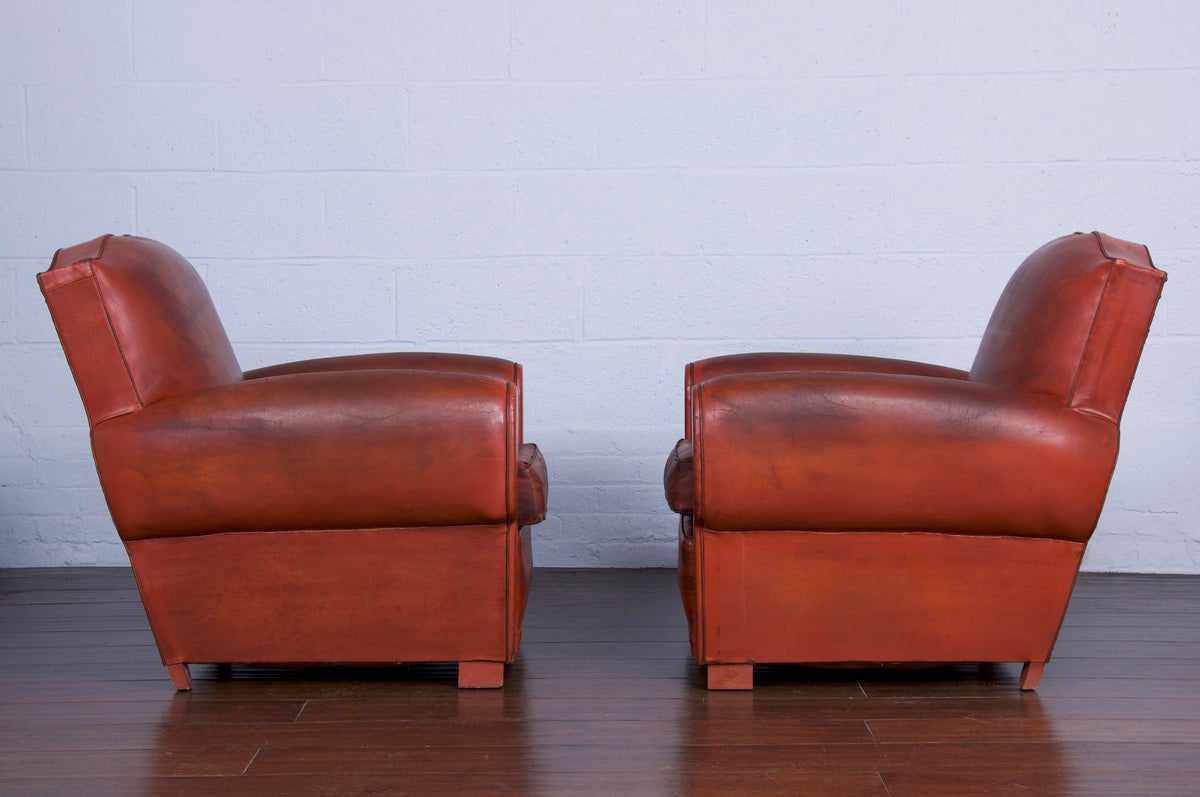 1950s French Art Deco Traditional Mustache Back Leather Club Chairs - a Pair