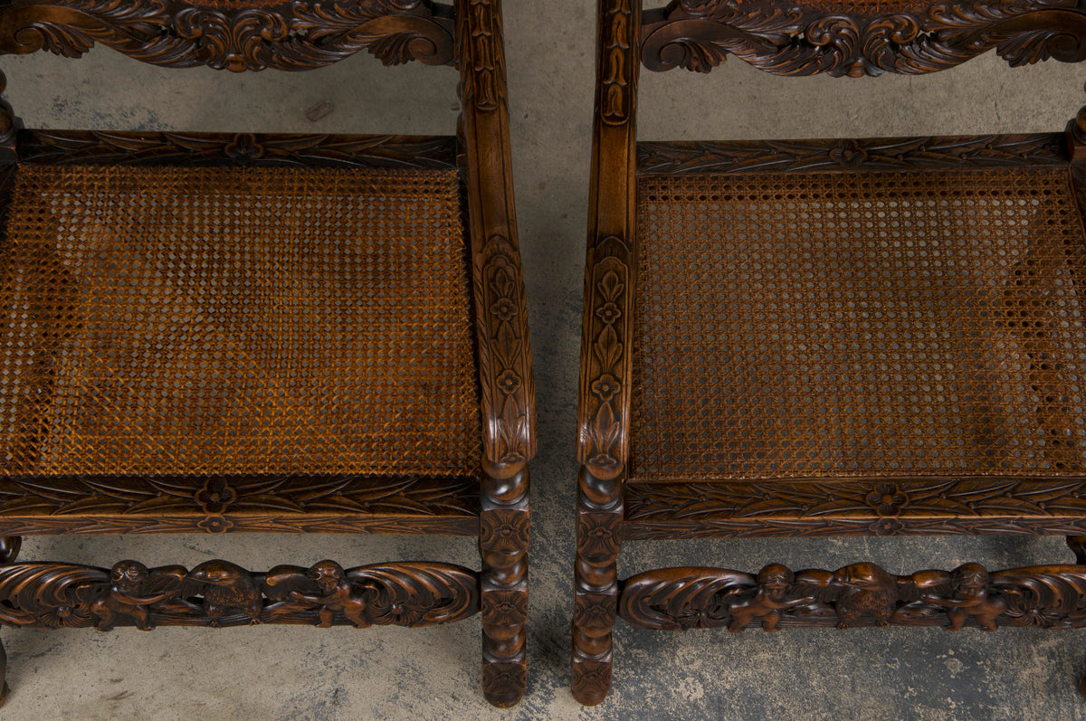 19th Century Jacobean Renaissance Style Walnut and Cane Carved Dining Chairs - Set of 8