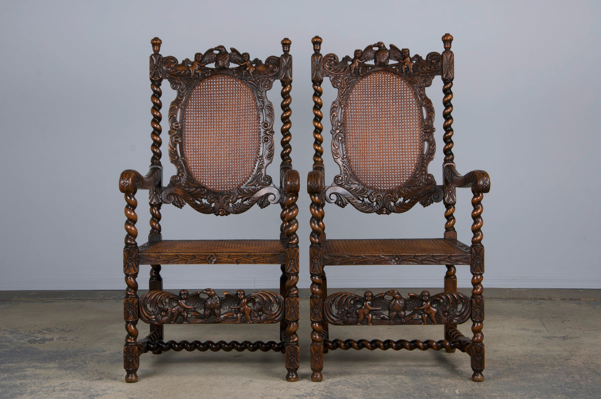 19th Century Jacobean Renaissance Style Walnut and Cane Carved Dining Chairs - Set of 8