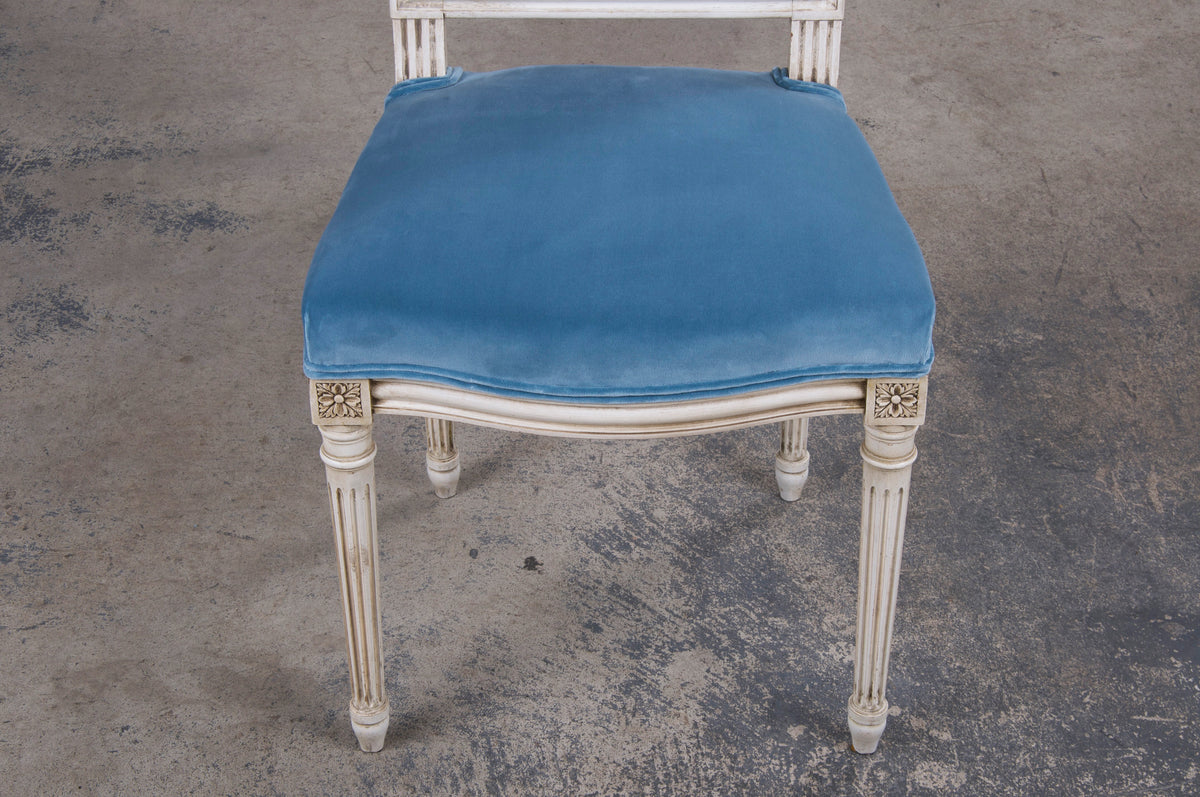 Antique French Louis XVI Style Painted Square Back Dining Chairs W/ Blue Velvet - Set of 6