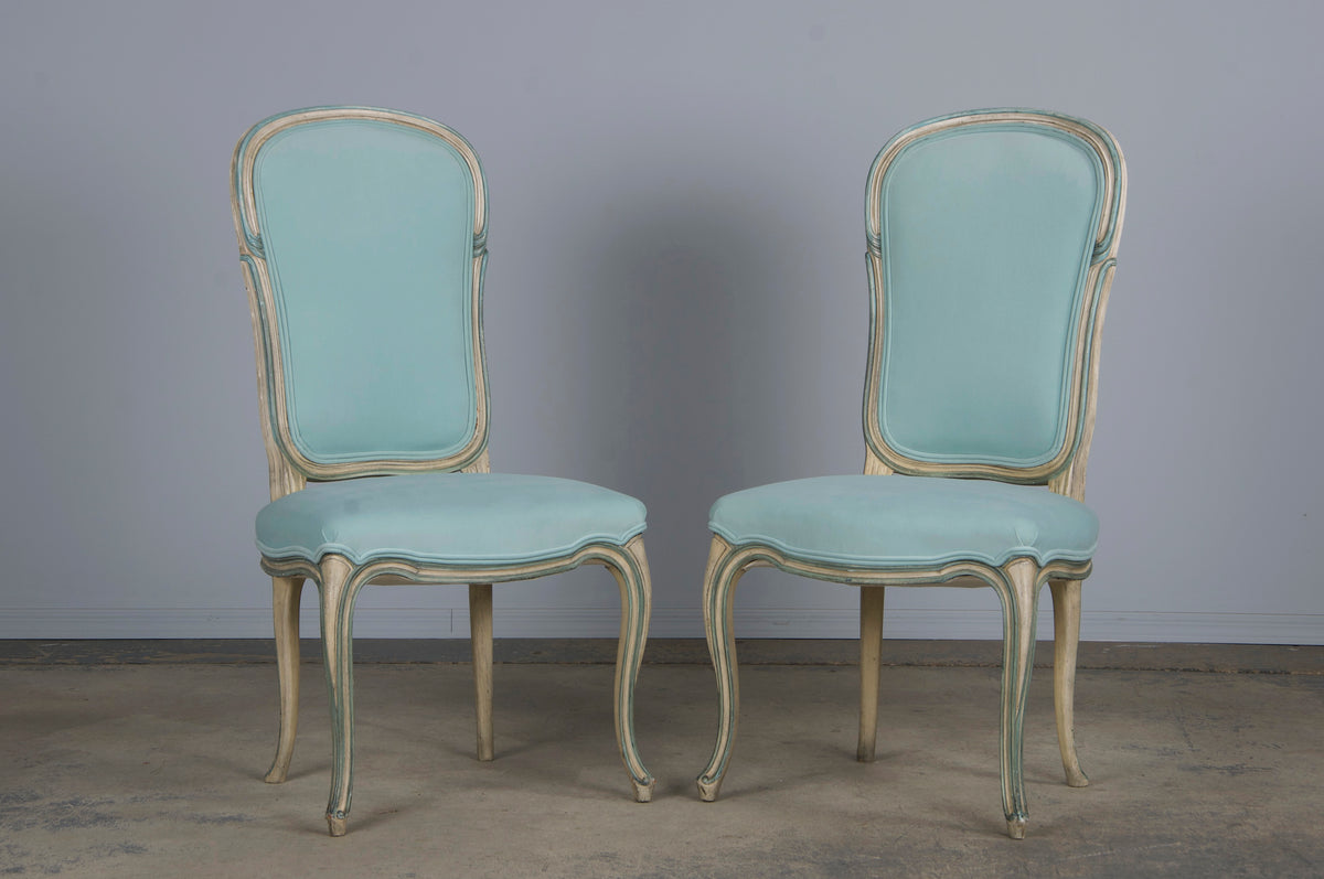 Baker Furniture French Provincial Louis XV Style Painted Dining Chairs W/ Mint Velvet - Set of 6