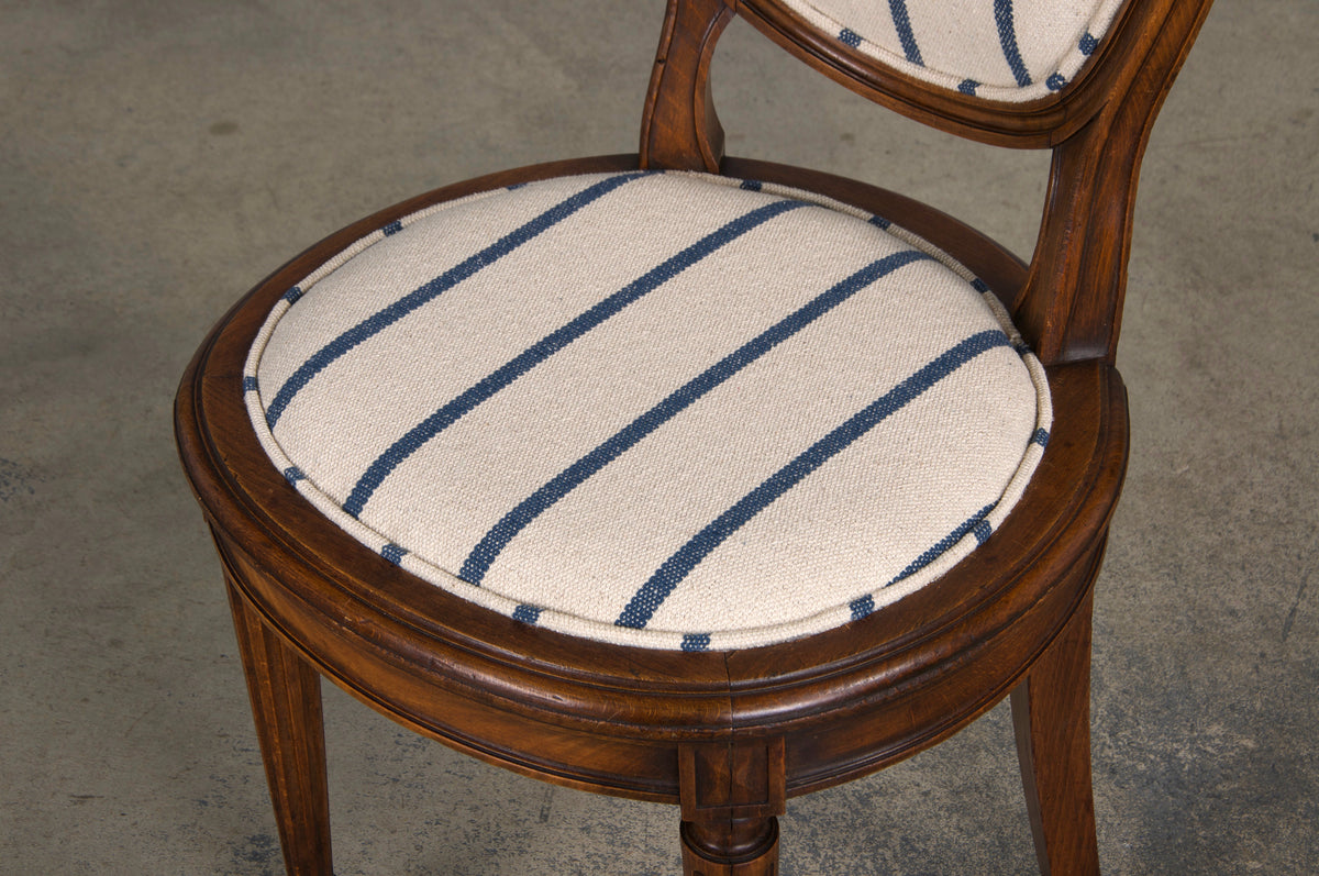 French Louis XVI Style Maple Dining Chairs W/ Striped Fabric - Set of 12