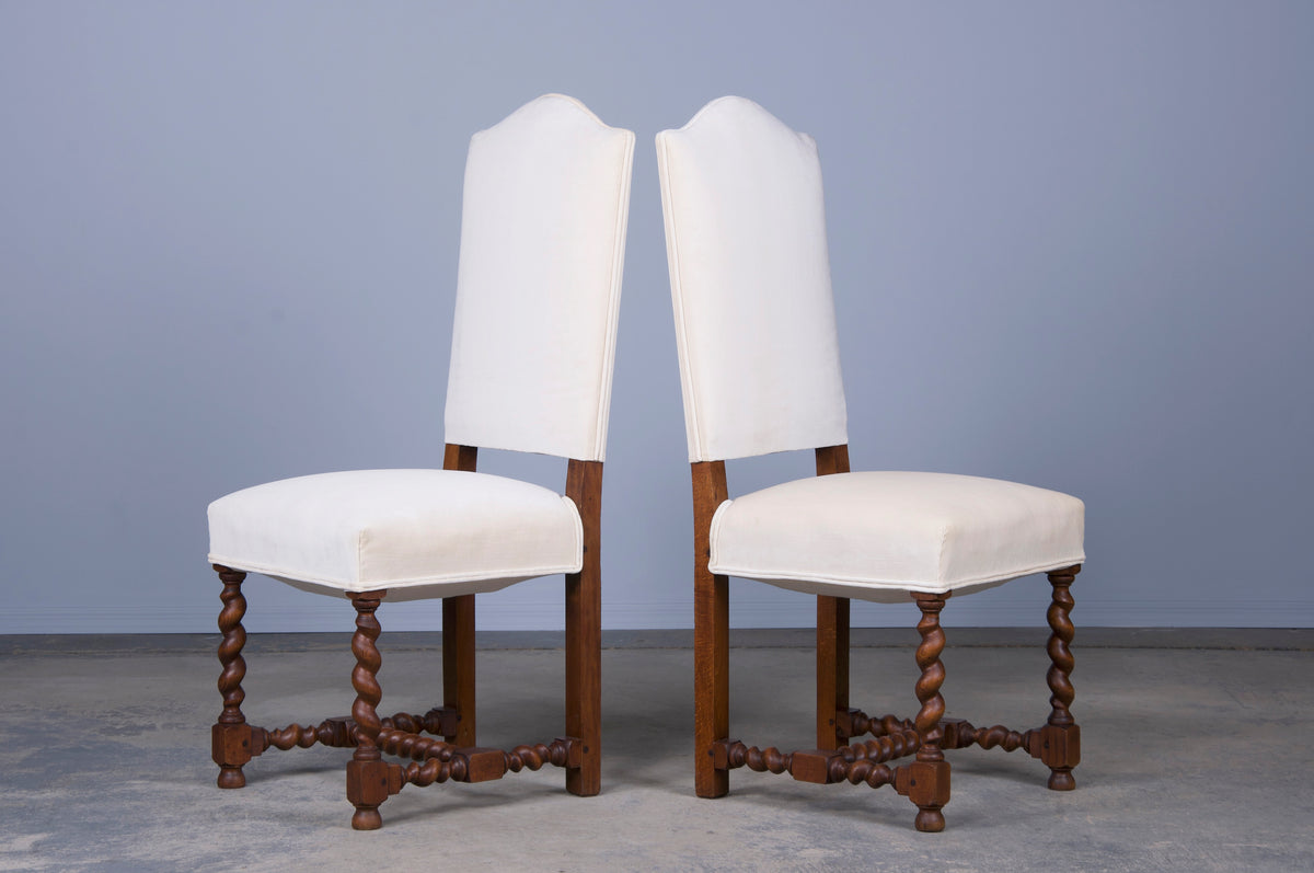Antique French Louis XIII Style Oak Barley Twist Dining Chairs W/ Cream Velvet - Set of 6