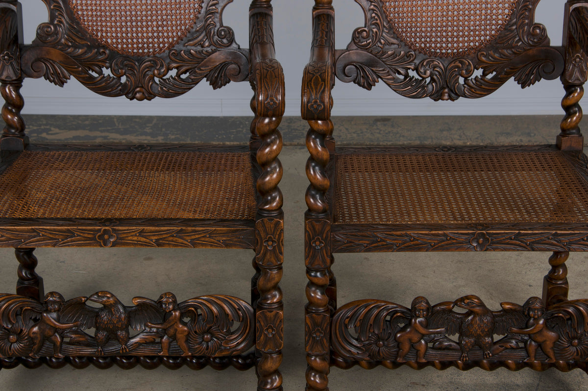 19th Century Jacobean Renaissance Style Walnut and Cane Carved Dining Chairs - Set of 8