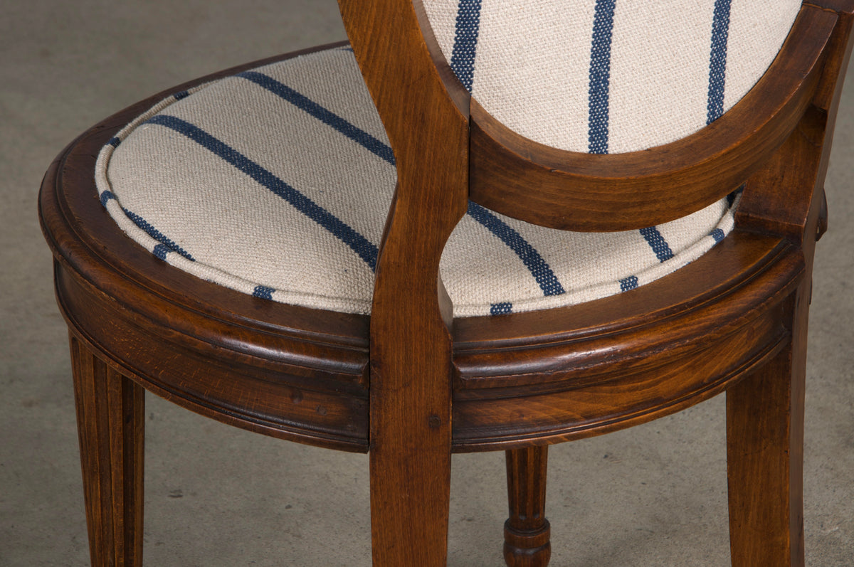 French Louis XVI Style Maple Dining Chairs W/ Striped Fabric - Set of 12