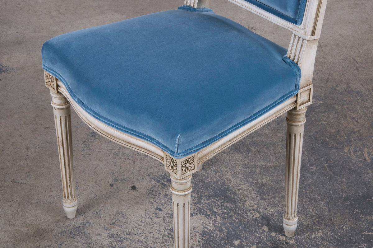 Antique French Louis XVI Style Painted Square Back Dining Chairs W/ Blue Velvet - Set of 6