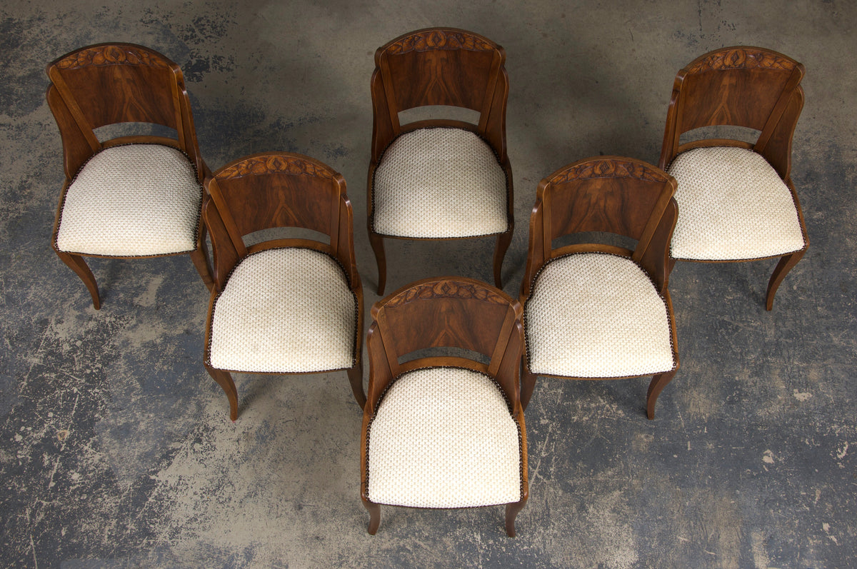 1930s French Art Deco Walnut Gondola Dining Chairs W/ Cream Chenille - Set of 6