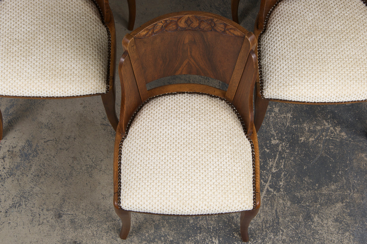 1930s French Art Deco Walnut Gondola Dining Chairs W/ Cream Chenille - Set of 6