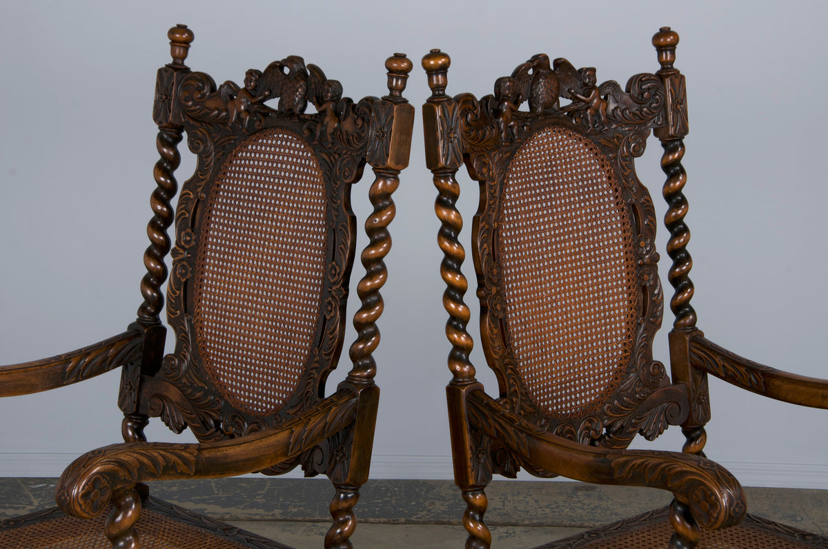 19th Century Jacobean Renaissance Style Walnut and Cane Carved Dining Chairs - Set of 8