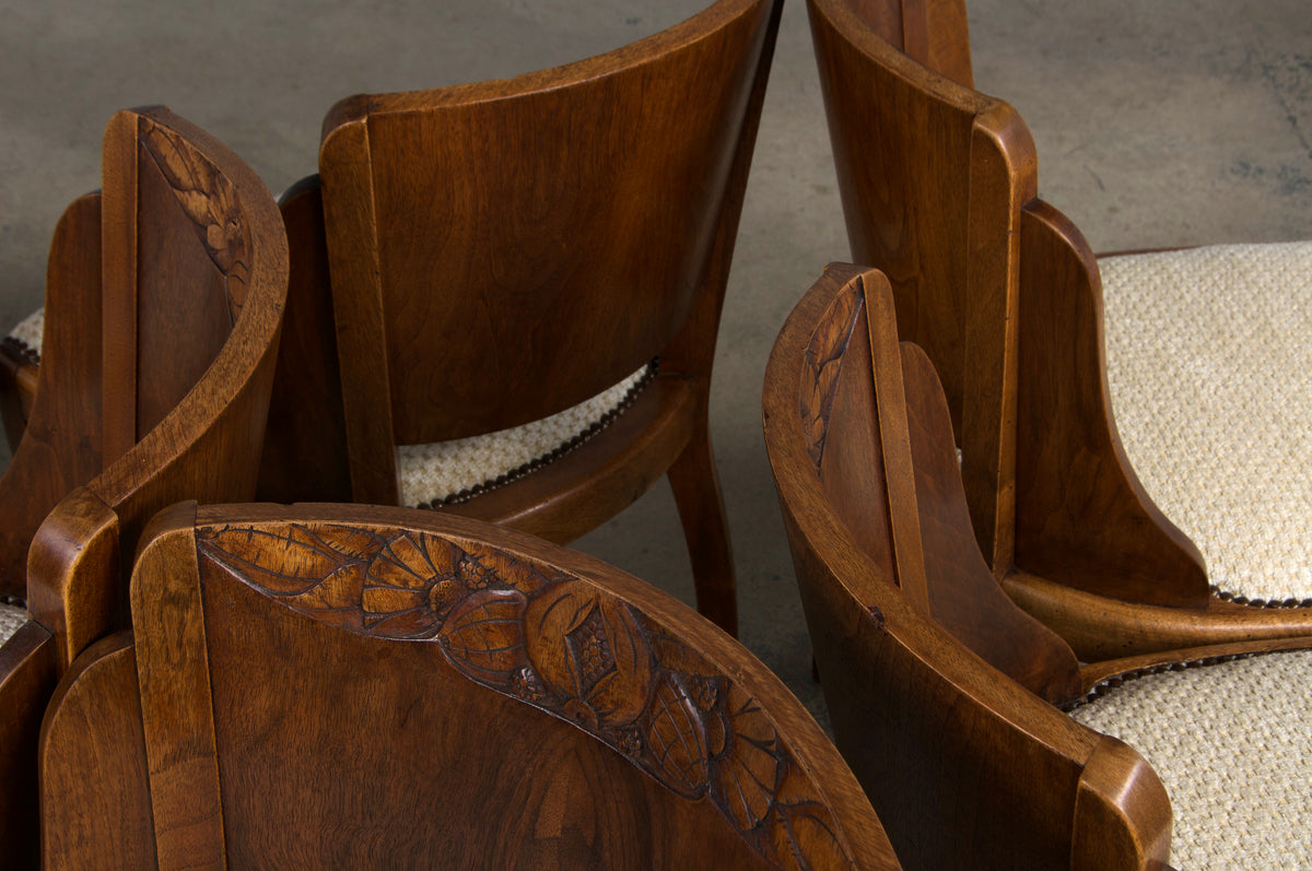 1930s French Art Deco Walnut Gondola Dining Chairs W/ Cream Chenille - Set of 6