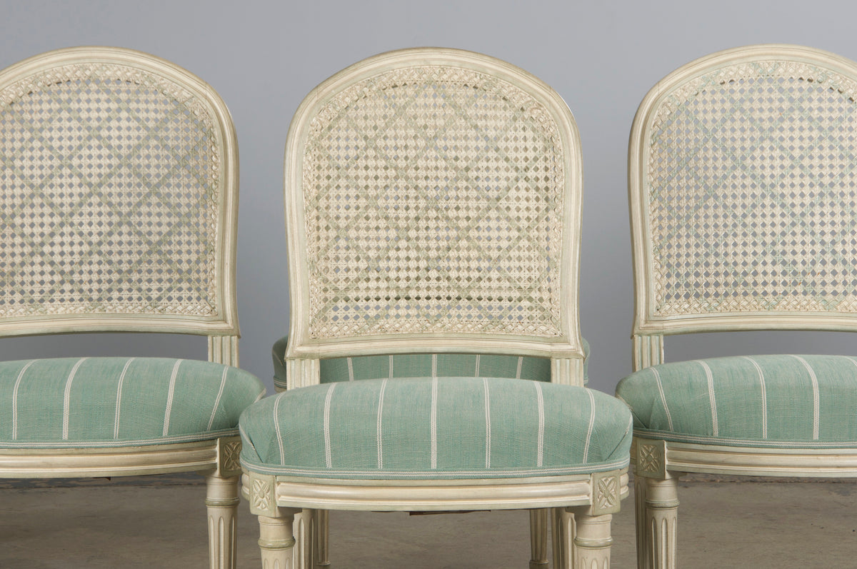 French Louis XVI Style Painted Cane Back Dining Chairs W/ Mint Fabric - Set of 6