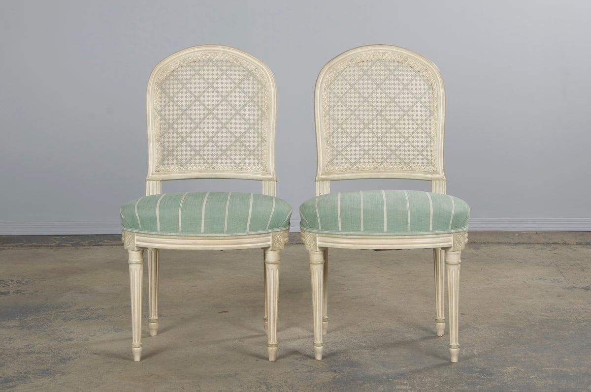 French Louis XVI Style Painted Cane Back Dining Chairs W/ Mint Fabric - Set of 6