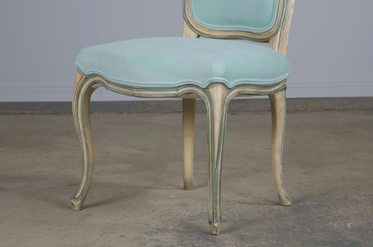 Baker Furniture French Provincial Louis XV Style Painted Dining Chairs W/ Mint Velvet - Set of 6