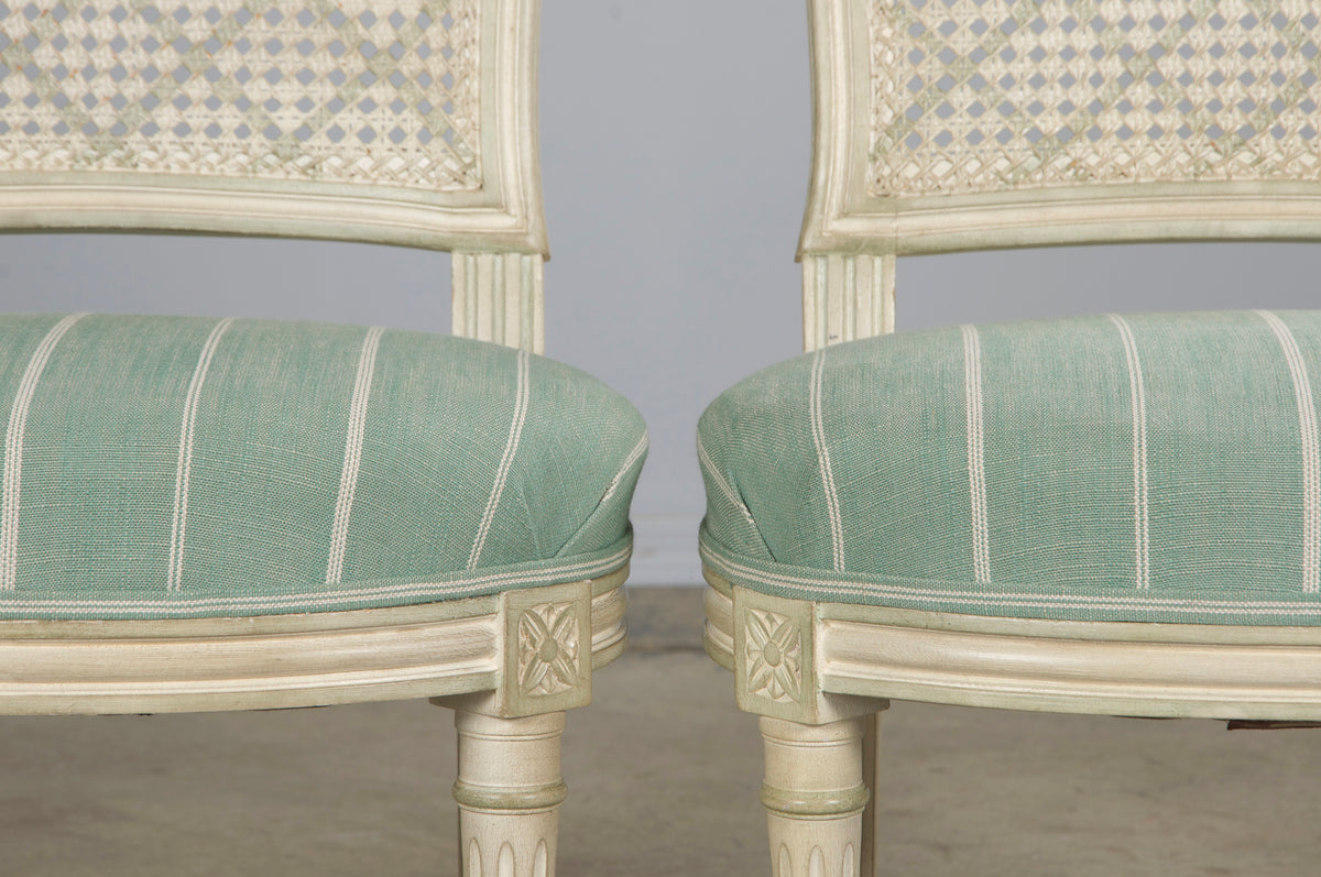 French Louis XVI Style Painted Cane Back Dining Chairs W/ Mint Fabric - Set of 6