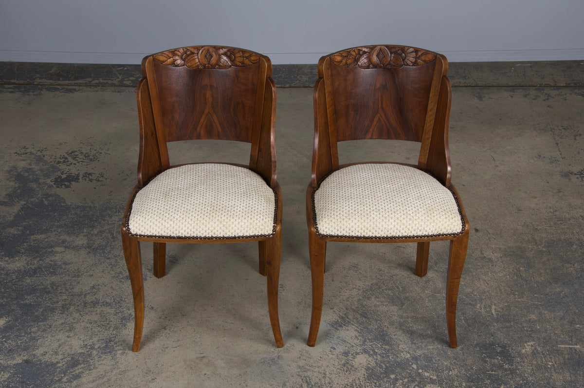 1930s French Art Deco Walnut Gondola Dining Chairs W/ Cream Chenille - Set of 6