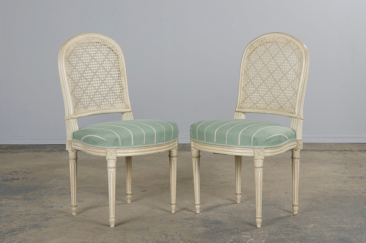 French Louis XVI Style Painted Cane Back Dining Chairs W/ Mint Fabric - Set of 6