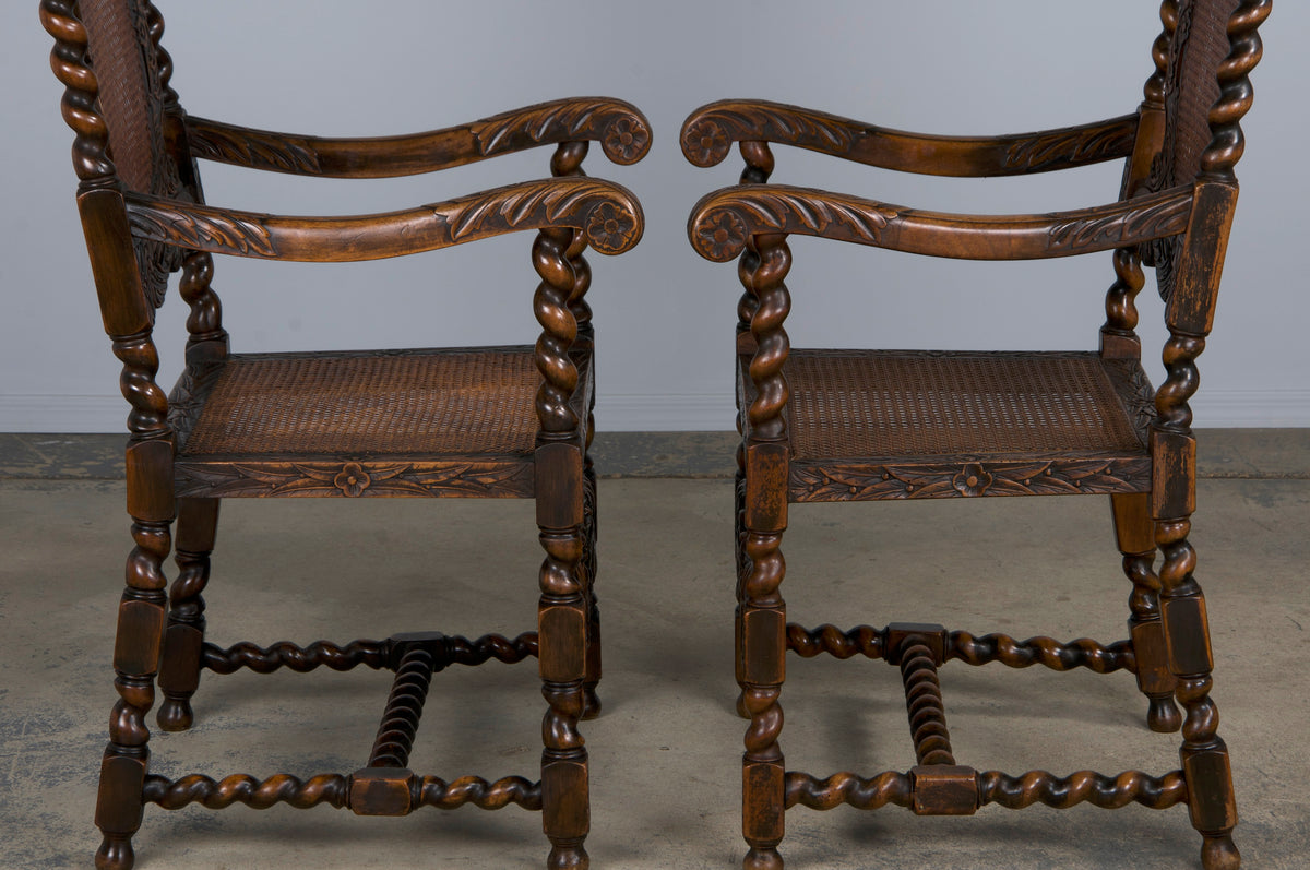 19th Century Jacobean Renaissance Style Walnut and Cane Carved Dining Chairs - Set of 8