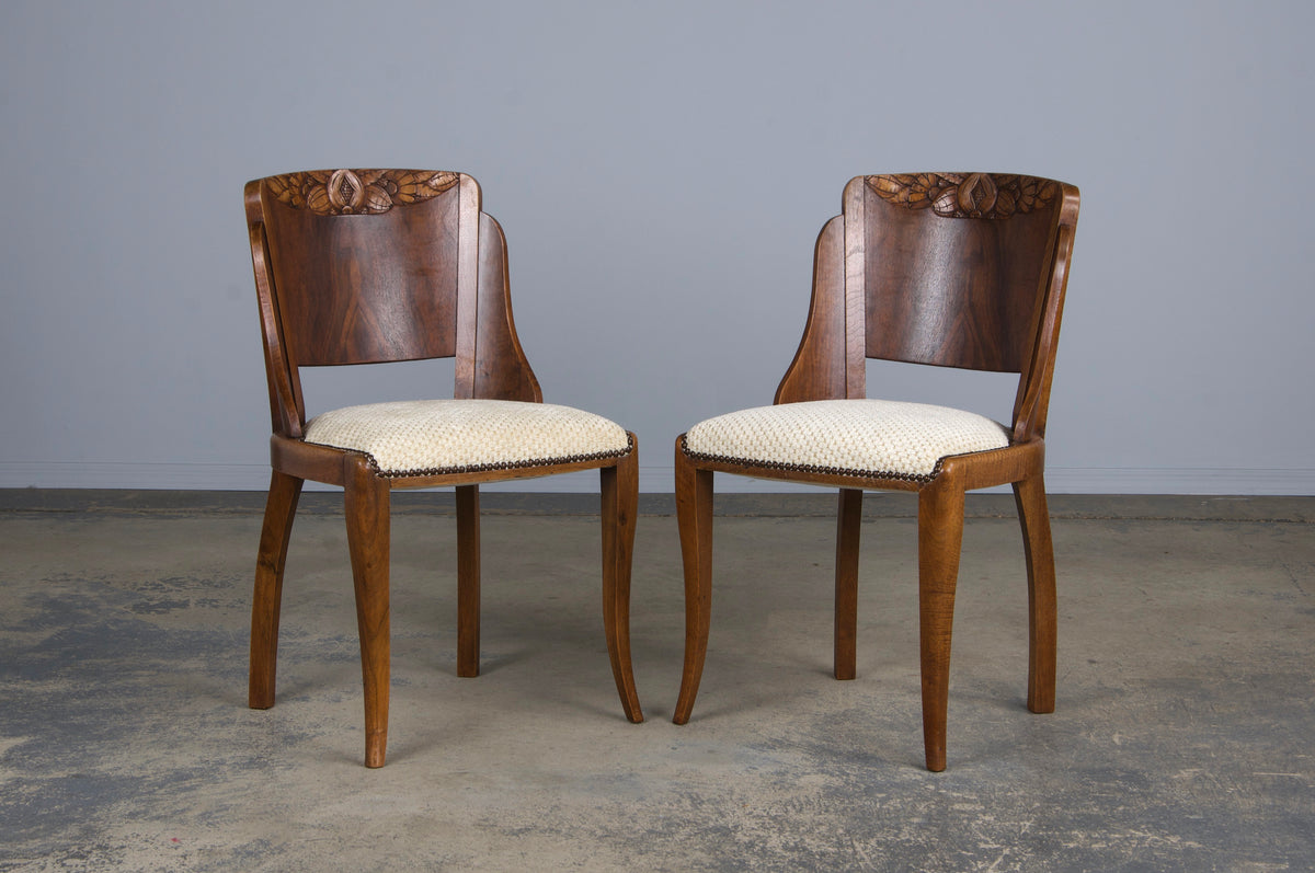 1930s French Art Deco Walnut Gondola Dining Chairs W/ Cream Chenille - Set of 6