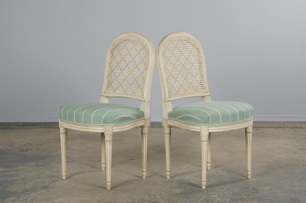 French Louis XVI Style Painted Cane Back Dining Chairs W/ Mint Fabric - Set of 6