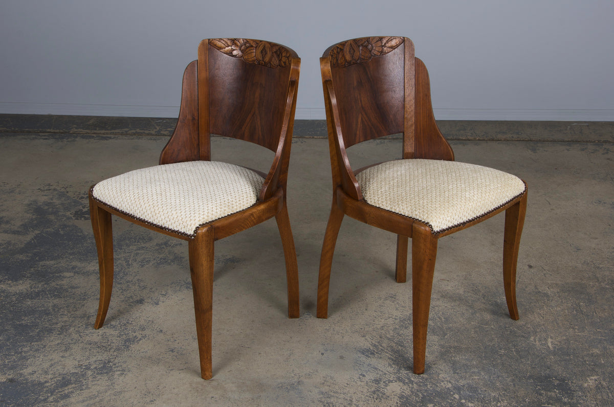 1930s French Art Deco Walnut Gondola Dining Chairs W/ Cream Chenille - Set of 6