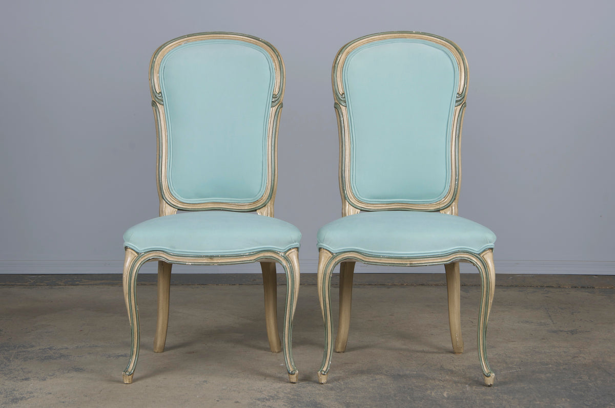 Baker Furniture French Provincial Louis XV Style Painted Dining Chairs W/ Mint Velvet - Set of 6