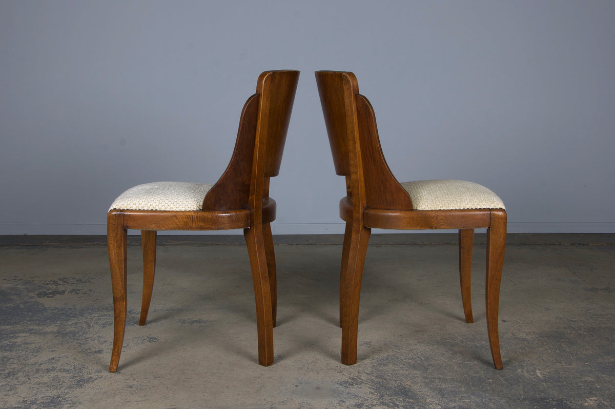 1930s French Art Deco Walnut Gondola Dining Chairs W/ Cream Chenille - Set of 6