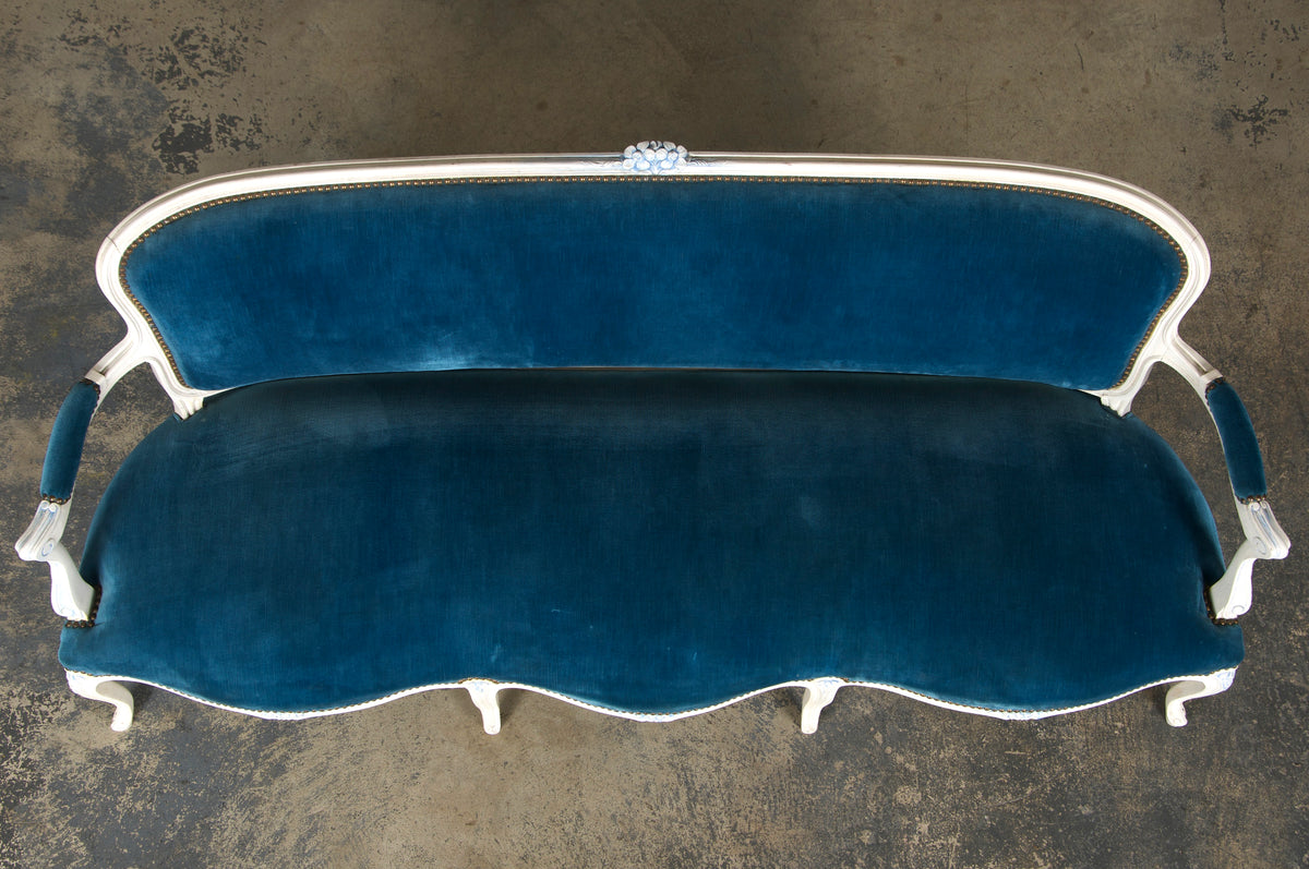 French Louis XV Style Painted Settee in Blue Velvet