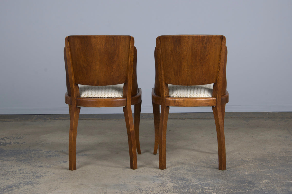 1930s French Art Deco Walnut Gondola Dining Chairs W/ Cream Chenille - Set of 6