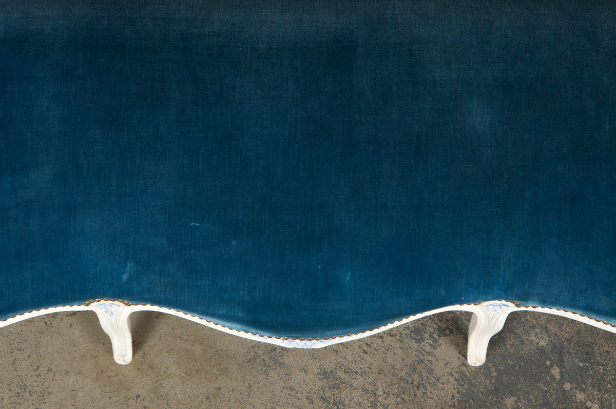 French Louis XV Style Painted Settee in Blue Velvet