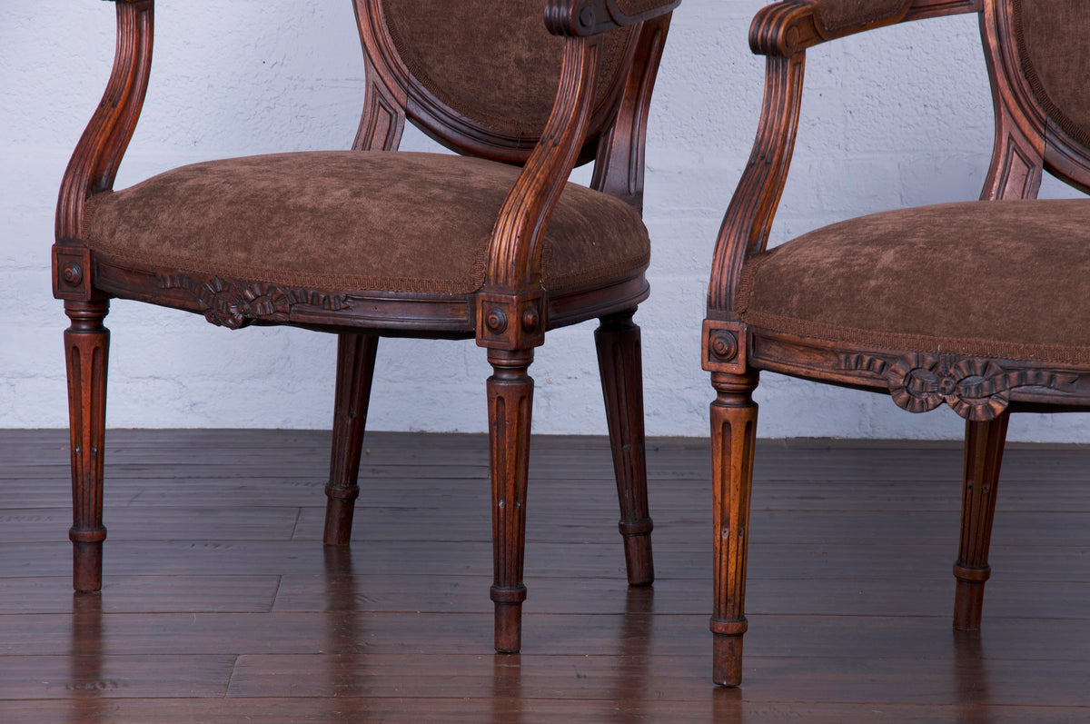Antique French Louis XVI Style Walnut Armchairs W/ Brown Velvet - A Pair