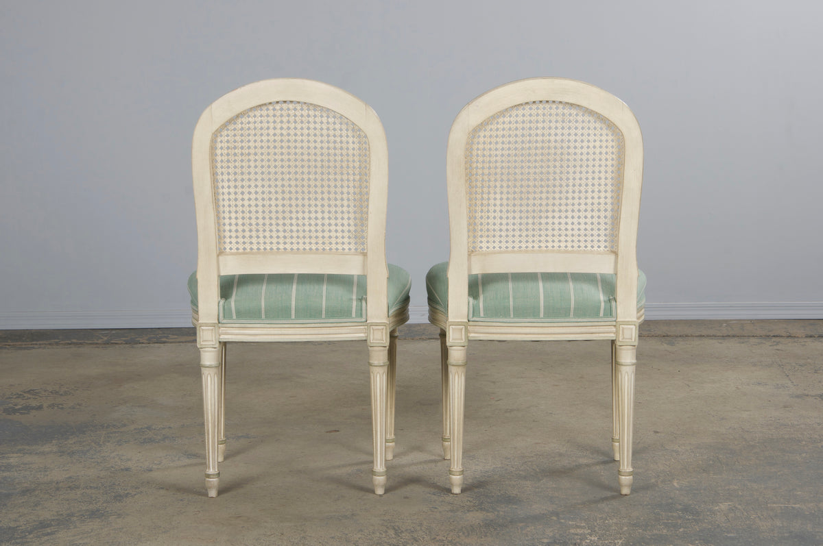 French Louis XVI Style Painted Cane Back Dining Chairs W/ Mint Fabric - Set of 6