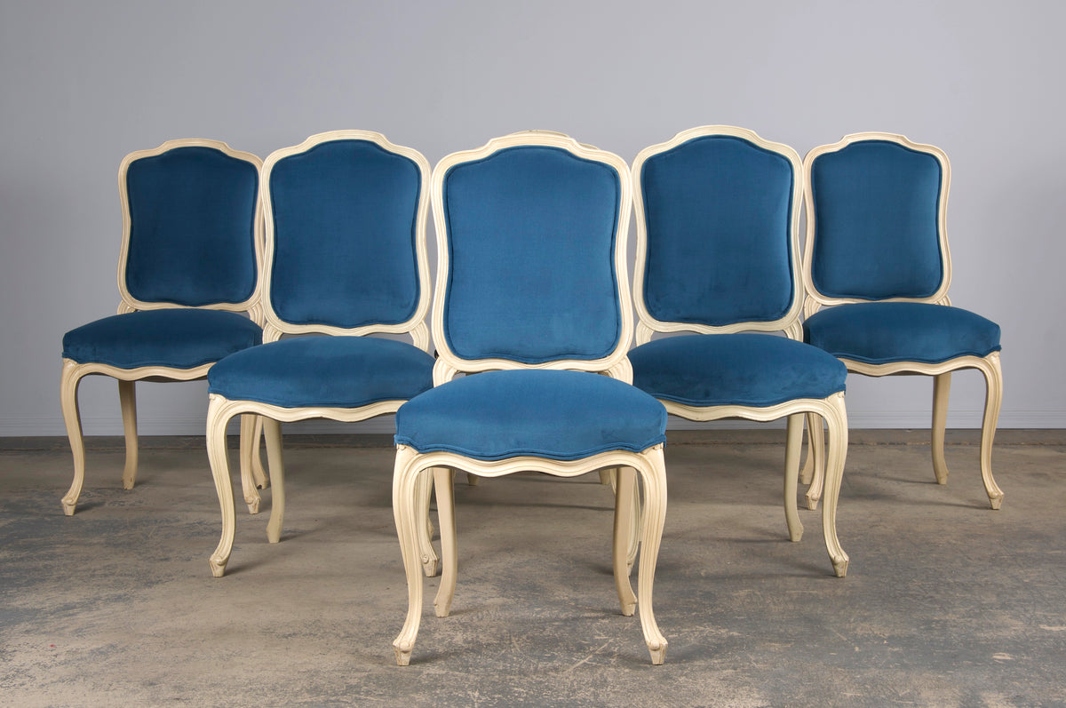 French Louis XV Style Painted Dining Chairs W/ Blue Velvet - Set of 6