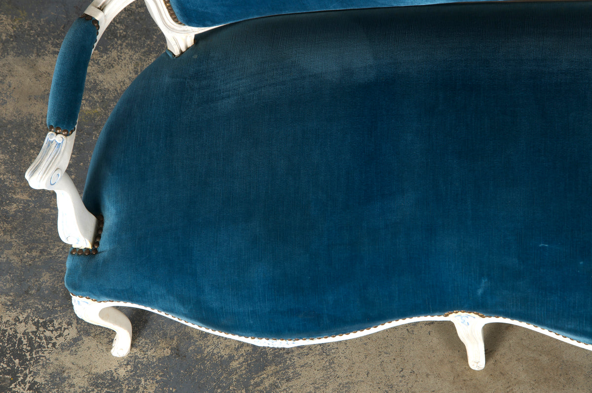 French Louis XV Style Painted Settee in Blue Velvet
