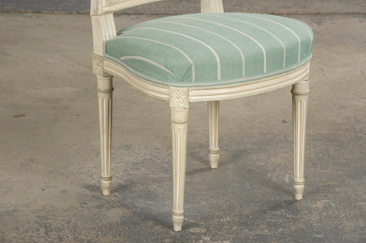 French Louis XVI Style Painted Cane Back Dining Chairs W/ Mint Fabric - Set of 6