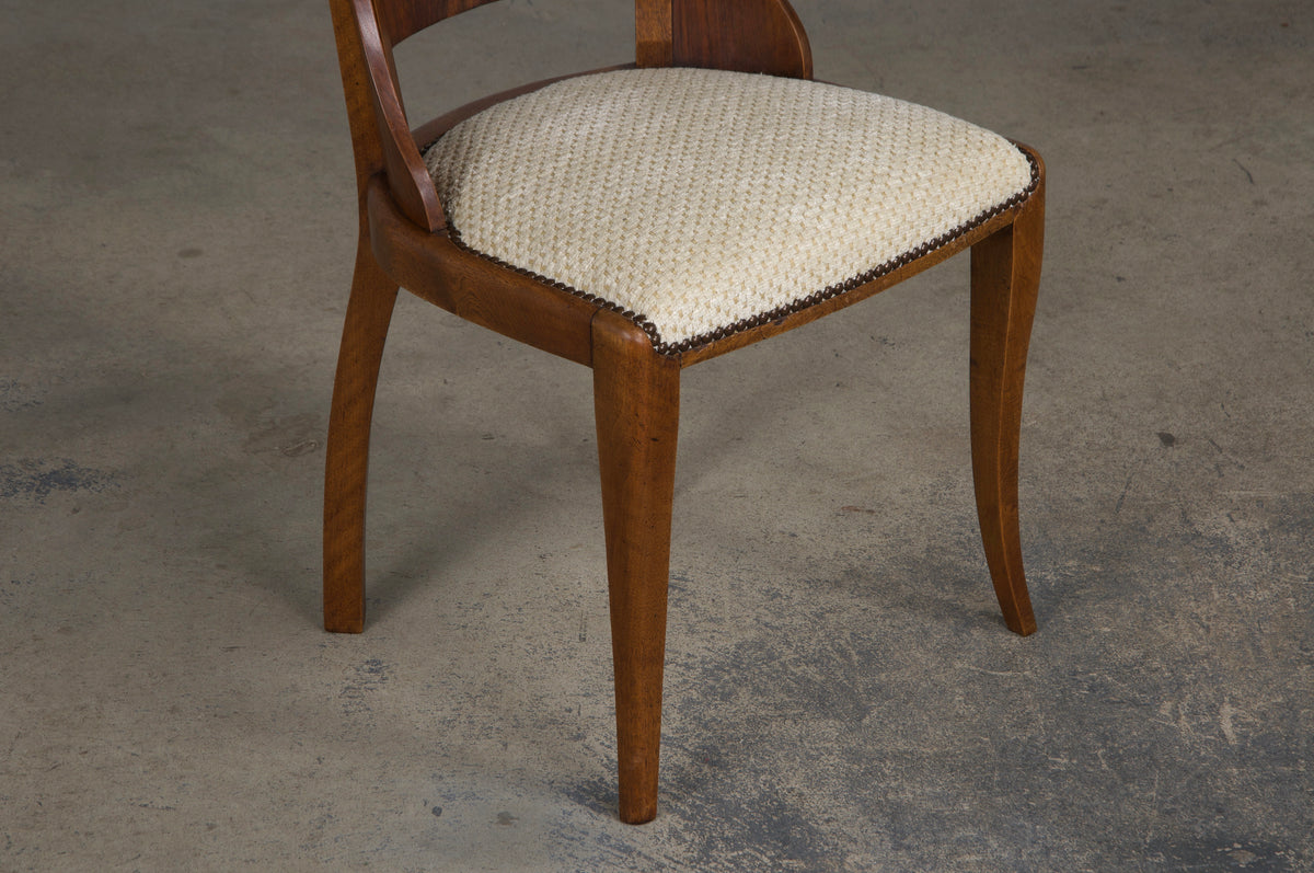 1930s French Art Deco Walnut Gondola Dining Chairs W/ Cream Chenille - Set of 6