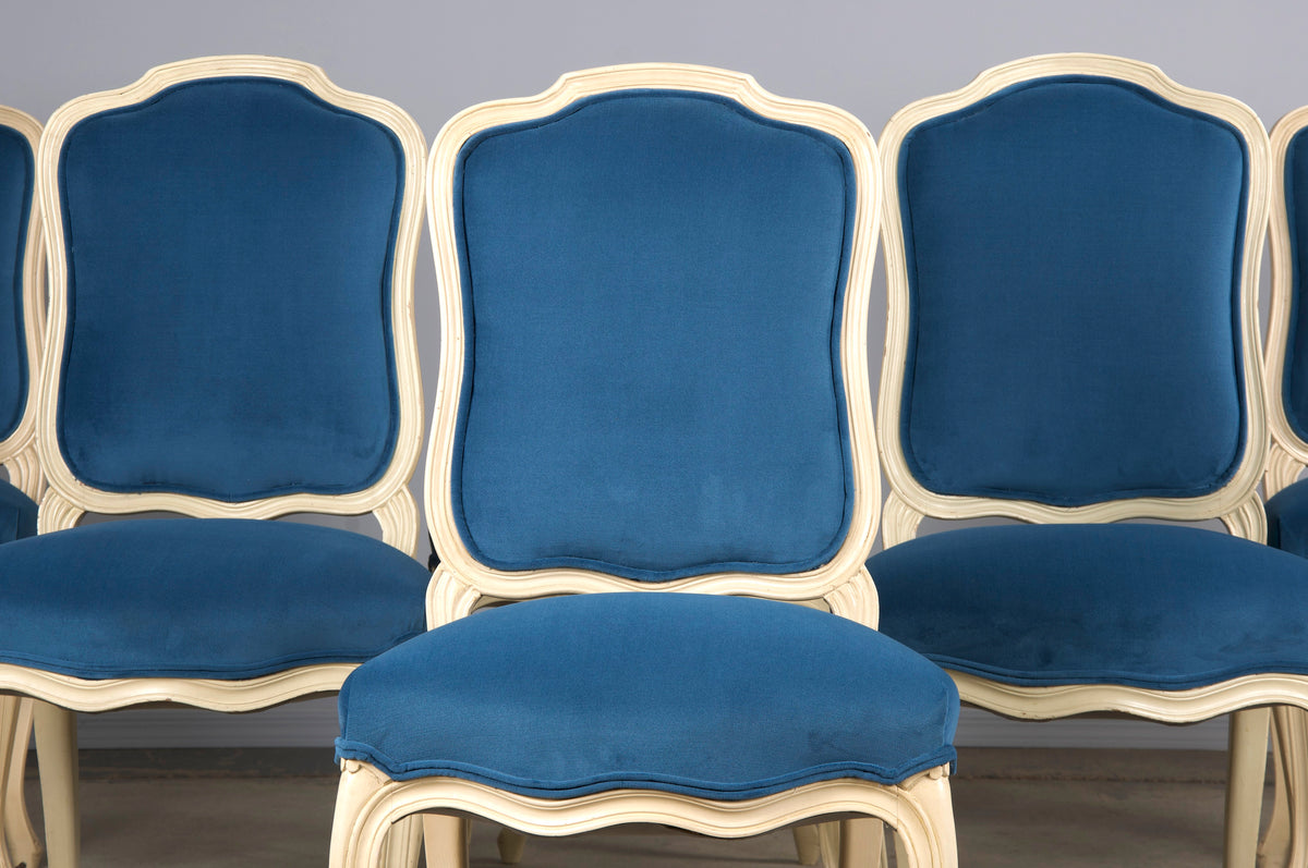 French Louis XV Style Painted Dining Chairs W/ Blue Velvet - Set of 6