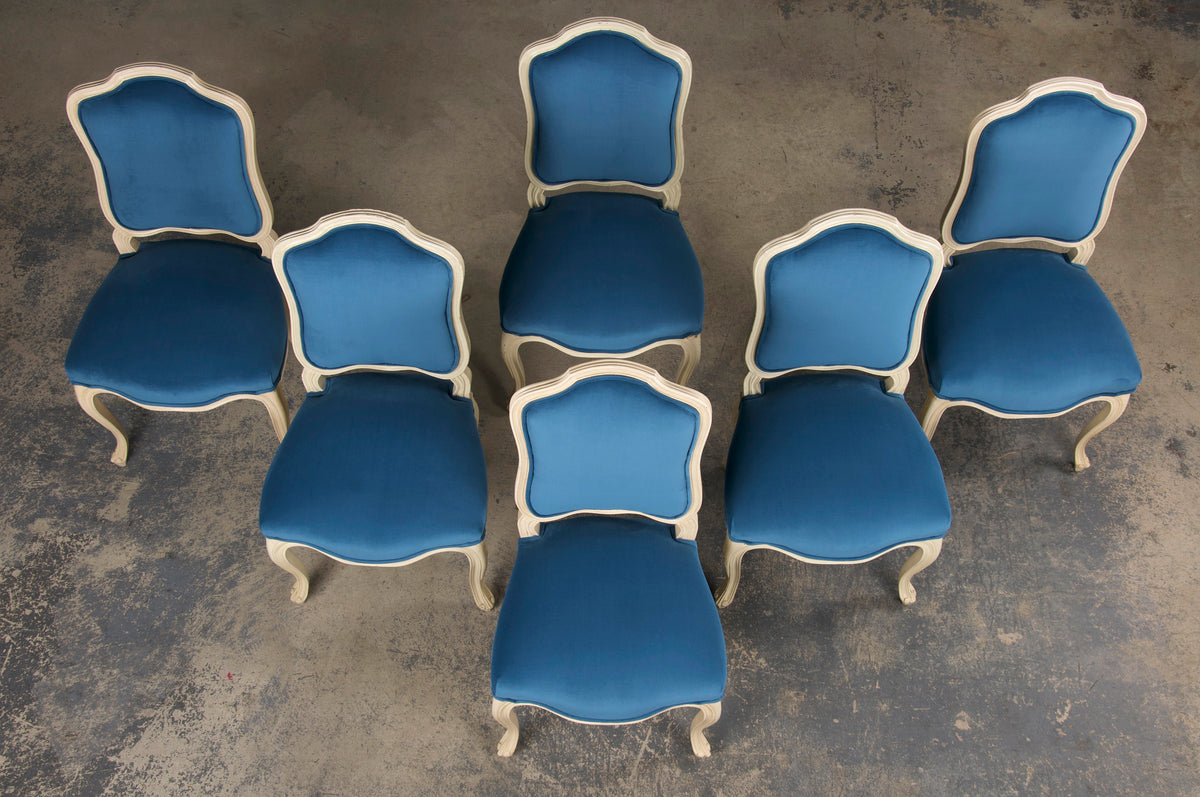 French Louis XV Style Painted Dining Chairs W/ Blue Velvet - Set of 6