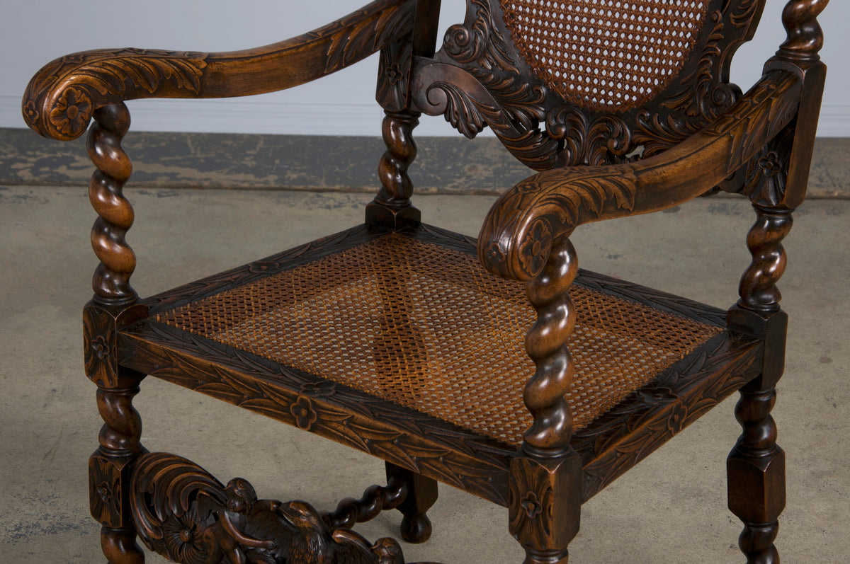 19th Century Jacobean Renaissance Style Walnut and Cane Carved Dining Chairs - Set of 8