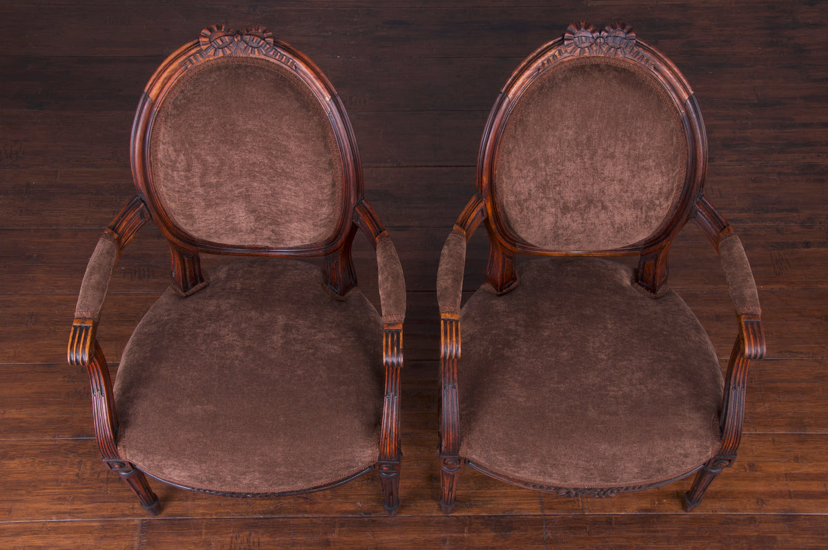 Antique French Louis XVI Style Walnut Armchairs W/ Brown Velvet - A Pair