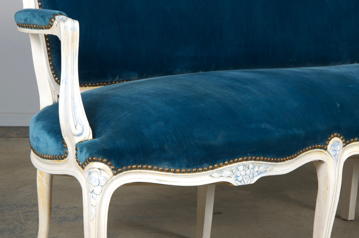 French Louis XV Style Painted Settee in Blue Velvet