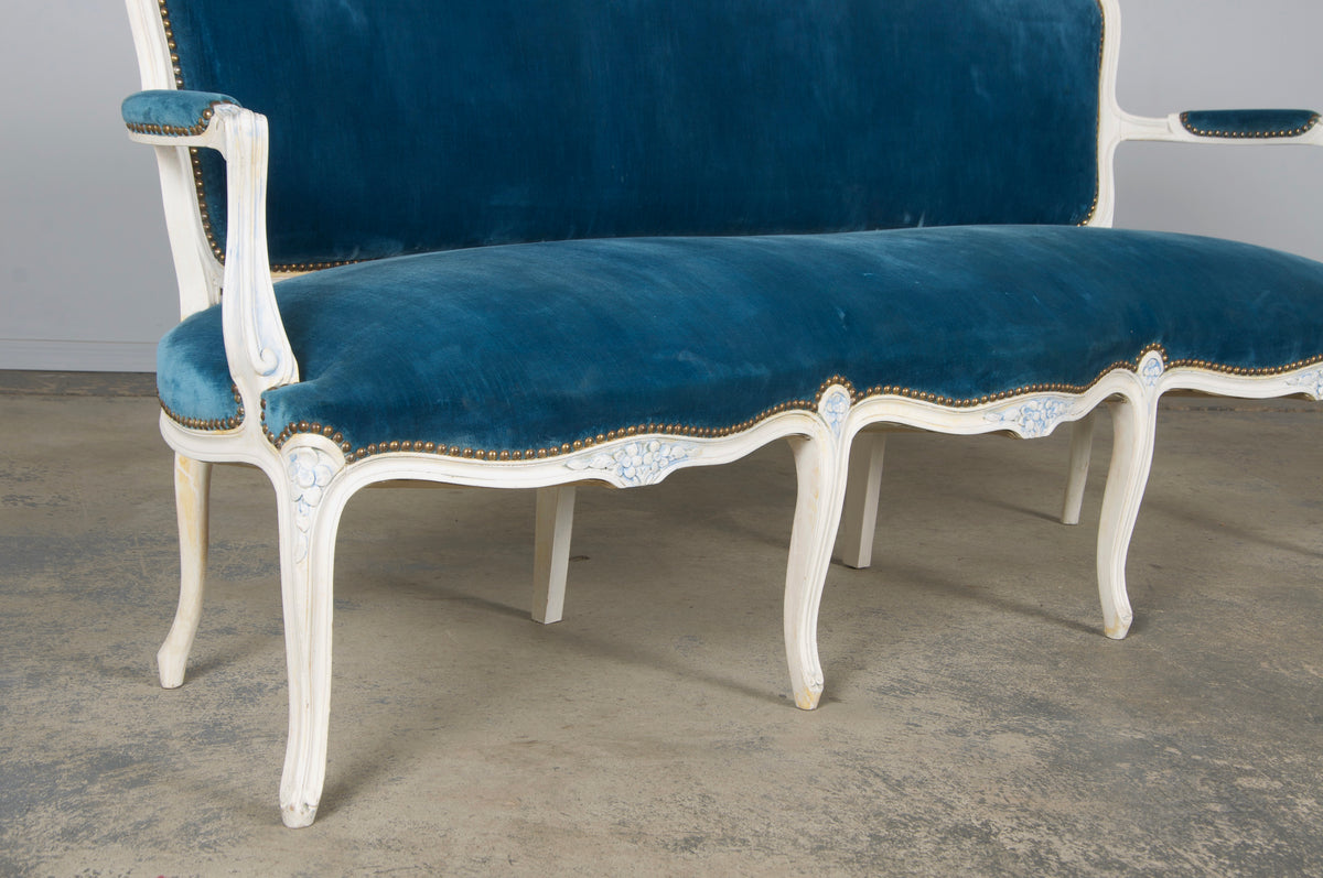 French Louis XV Style Painted Settee in Blue Velvet