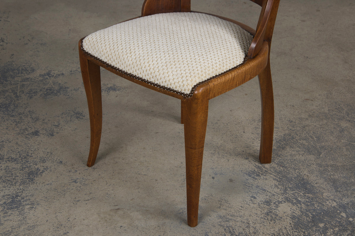 1930s French Art Deco Walnut Gondola Dining Chairs W/ Cream Chenille - Set of 6