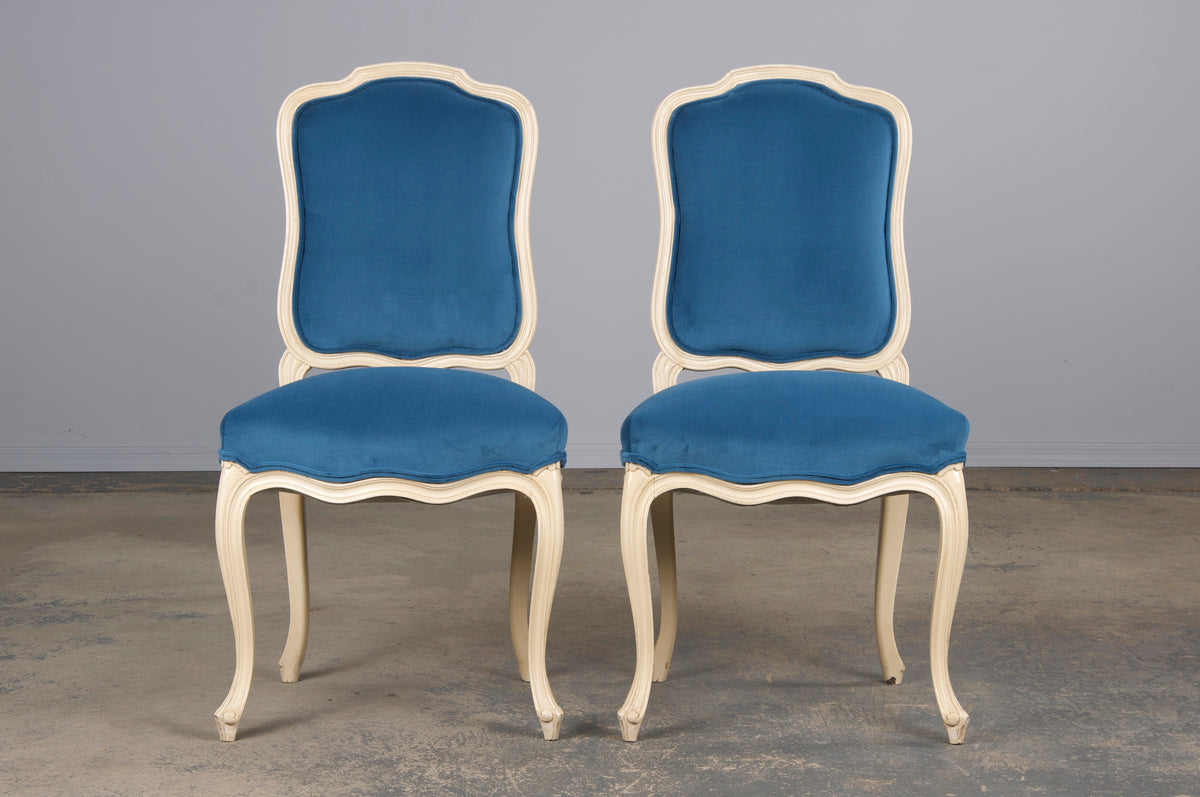 French Louis XV Style Painted Dining Chairs W/ Blue Velvet - Set of 6