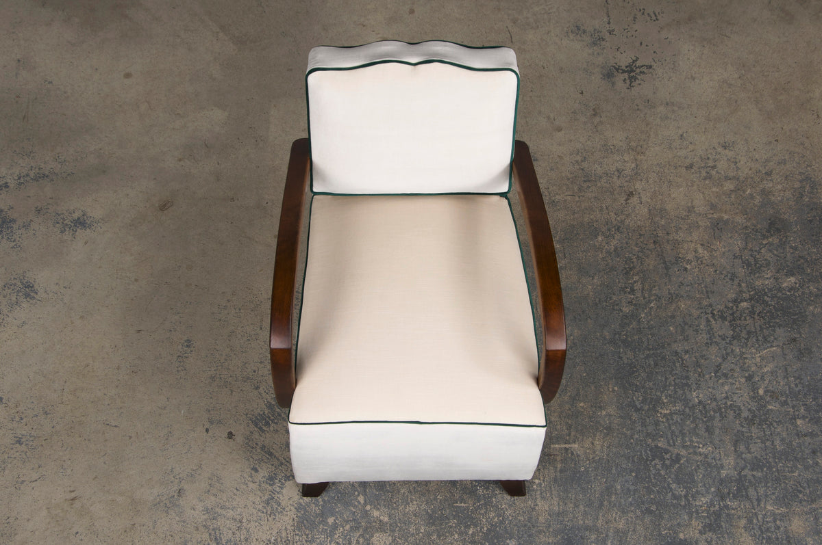 1930s French Art Deco Bridge Arms Maple Club Chair W/ Cream Velvet