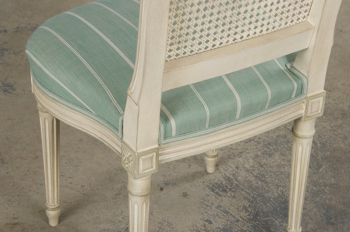 French Louis XVI Style Painted Cane Back Dining Chairs W/ Mint Fabric - Set of 6