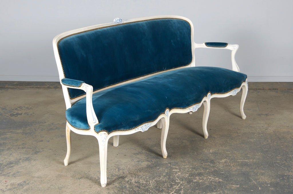 French Louis XV Style Painted Settee in Blue Velvet